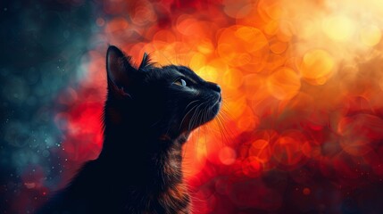 Silhouette of a black cat against a vibrant bokeh background