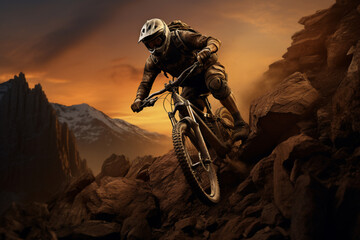 A stunning foto of a adult and Asian man riding his bicycle on a rocky mountain, a frontside portrait of a guy racing his mountain-bike on a dusty hillside full of rocks at sunset 