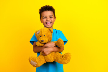 Portrait of adorable funky small schoolboy with afro hair wear blue stylish t-shirt hold teddy bear isolated on vivid yellow background