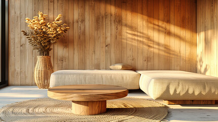 Outdoor Terrace with Wooden Furniture and Cozy Sofa, Perfect for Relaxation, Modern Home Exterior