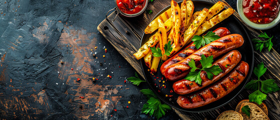 Grilled Sausages with Seasoned Fries - Gourmet Fast Food, Barbecue Delight - obrazy, fototapety, plakaty