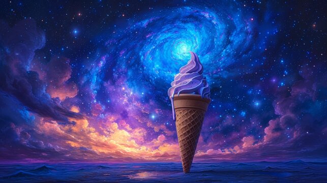 Surreal ice cream cone against cosmic background