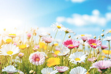 Fototapeta premium Summer or spring morning nature background with fresh wild daisies. Summer, spring natural landscape with copy space. 