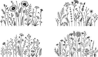 A set of wildflower meadows with editable stroke thickness. Illustration Vector. - obrazy, fototapety, plakaty