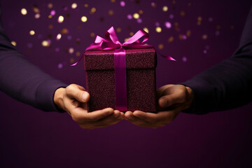 glamorous purple or magenta background with male hands holding a wrapped gift box seen from a low angle for a birthday  - obrazy, fototapety, plakaty