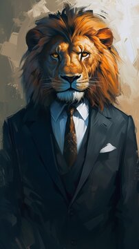 Stylized illustration of a lion in a suit