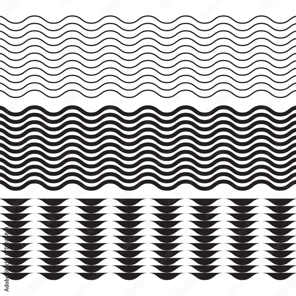 Poster set of wavy zigzag lines. wave thin line background. water wave, sea wave set. zigzag line. wiggly s