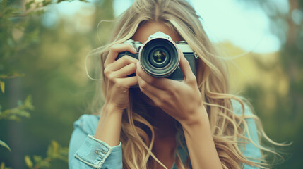 Young female photographer capturing moments in nature with a vintage camera.