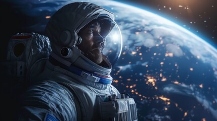 Astronaut in detailed spacesuit against earth backdrop in deep space, ultra detailed wide angle shot