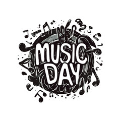 Music day. The design is colorful and playful, with a round shape and lots of musical notes and symbols. The font is bold and expressive.