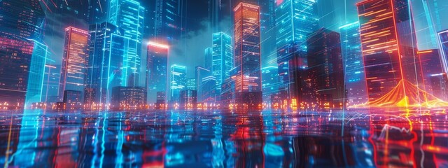 A nocturnal cityscape featuring towering neon-lit buildings and holographic displays reflecting off translucent glass structures in a cyberpunk world.