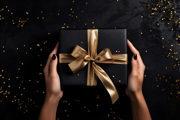  glamorous black and gold background with woman hands holding a wrapped gift box seen from above for a birthday 