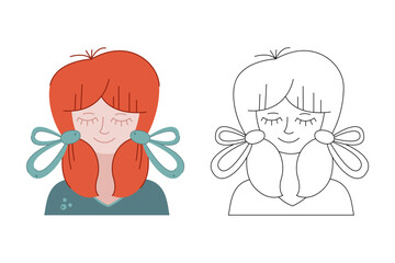 A girl with red hair and two bows. Doodle vector illustration.