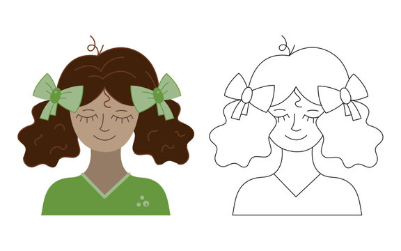 Girl with curly hair and bows. Doodle vector illustration.