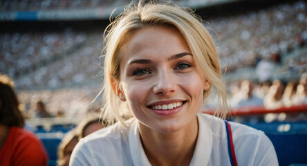 Portrait of young blond woman soccer fan at soccer stadium with crowd of people in the background. Smiling female sport supporter