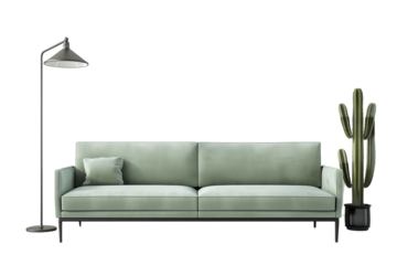 modern sofa with pastel green colors, decorative floor lamp and cactus plant isolated on transparent background