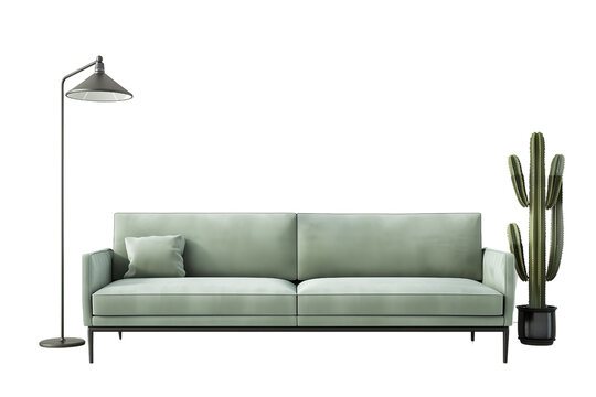 Modern Sofa With Pastel Green Colors, Decorative Floor Lamp And Cactus Plant Isolated On Transparent Background