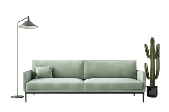 modern sofa with pastel green colors, decorative floor lamp and cactus plant isolated on transparent background