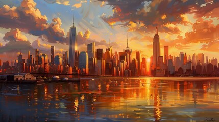 Famous places in New York, Manhattan Skyline - obrazy, fototapety, plakaty