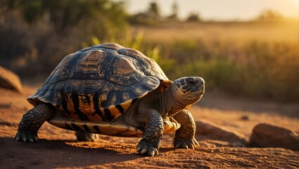 A tortoise with a patterned shell walks on dry soil, under the warm, golden light of the sun,...