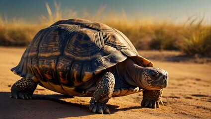 A detailed tortoise in arid conditions, on dry soil with tufts of grass, under a clear, bright sky...
