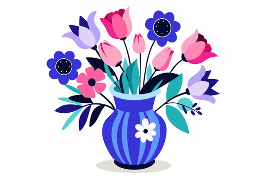 Blue and White vase of Pink Mauve Purple Tulips and Anemones, gouache, silhouette black vector illustration