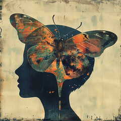 a childs brain with a butterfly landed on it, representing freedom of thought and mindfulness - obrazy, fototapety, plakaty