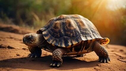 A sunlit tortoise on soil, surrounded by greenery. Its detailed shell and skin texture are visible, evoking a sense of calm

