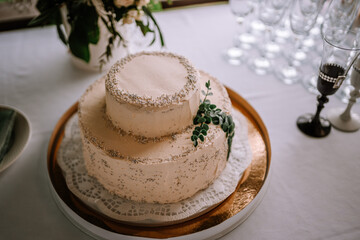 A two-tiered wedding cake with simple frosting and decorative silver beads at the edges, garnished with a sprig of eucalyptus on a wooden board.