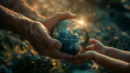Close-Up of Senior Hands Gifting Planet Earth to Child Against Soft Dark Background