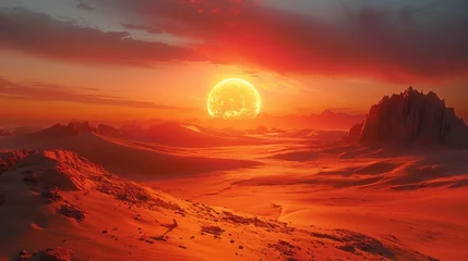 Poster Desert landscape with a large moon at sunset © LabirintStudio