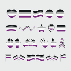 Asexuality pride flag and symbols many icon set vector. Asexuality pride flag graphic design element isolated on a gray background. Asexual icons in flat style