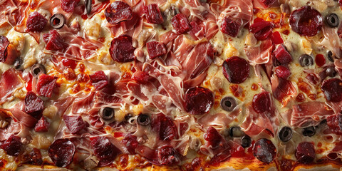 Delicious pizza topped with fresh meat, cheese, olives, and other savory ingredients, close up view