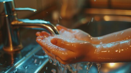 Washing hands with soap under running water in the kitchen sink - obrazy, fototapety, plakaty