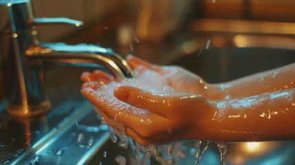 Foto op Aluminium Washing hands with soap under running water in the kitchen sink © Олег Фадеев