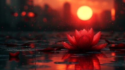 Lotus flower on water at sunset