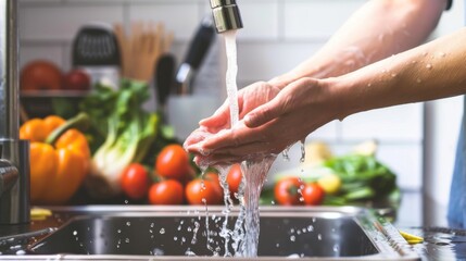 Closeup of human hands washing vegetables in kitchen sink with faucet