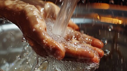 Washing hands with soap under running water, close-up