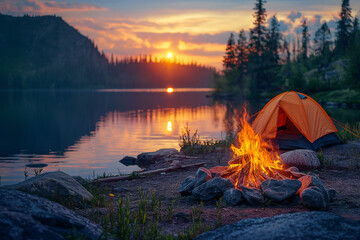 bonfire and tourist tent on the shore of a picturesque lake on the sunset - obrazy, fototapety, plakaty