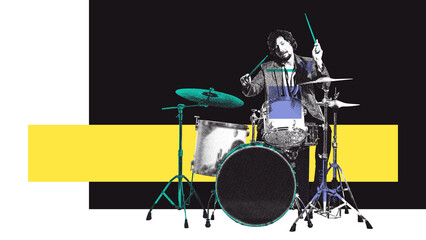 Monochrome image of man playing drums over colorful background with abstract elements. Contemporary...