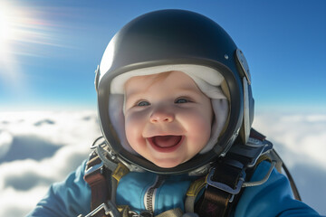 AI generated image of cheerful happy funny baby skydiver free falling