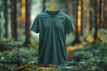 Stylish Forest Green Blank T-Shirt Mockup in Nature Generative AI