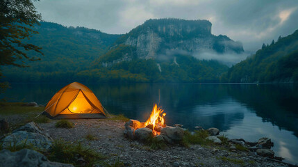 bonfire and tourist tent on the shore of a picturesque lake on the sunset - obrazy, fototapety, plakaty