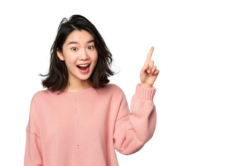 young Asian woman with a wide smile raises her hand upwards indicating that she has a brilliant idea, isolated on a transparent background
