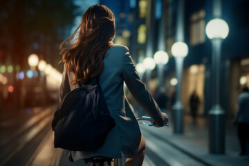 A beautiful adult of Asianformal woman riding her bicycle to work, a backside portrait of a woman commuting on a bicycle on a sunny day in an urban street at midnight 