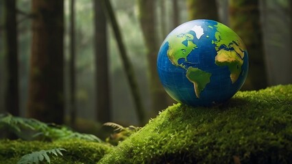 Obraz na płótnie Canvas Earth globe in green forest., Environment conservation. Happy Earth day. symbolizing care for the environment,