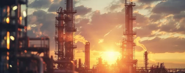 Rolgordijnen Majestic industrial landscape silhouette against a dramatic sunset sky, depicting energy sectors, pollution concept © Daniela