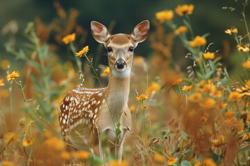 Deer in field of flowers, outdoors mammal cute grass
