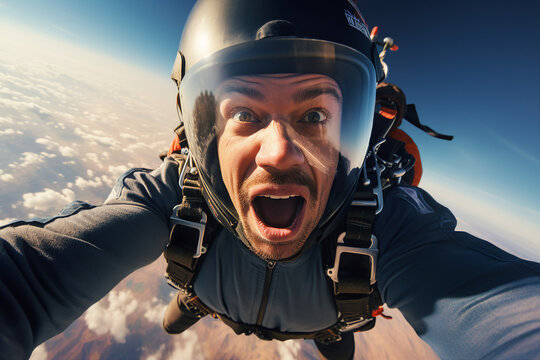 AI generated image of skydiver instructor flying in blue sky enjoy free fall