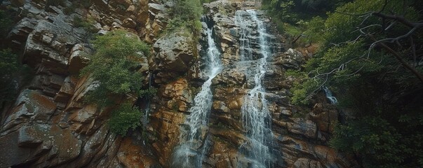 Stunning top-down view of a magnificent waterfall surrounded by rugged cliffs and lush greenery.